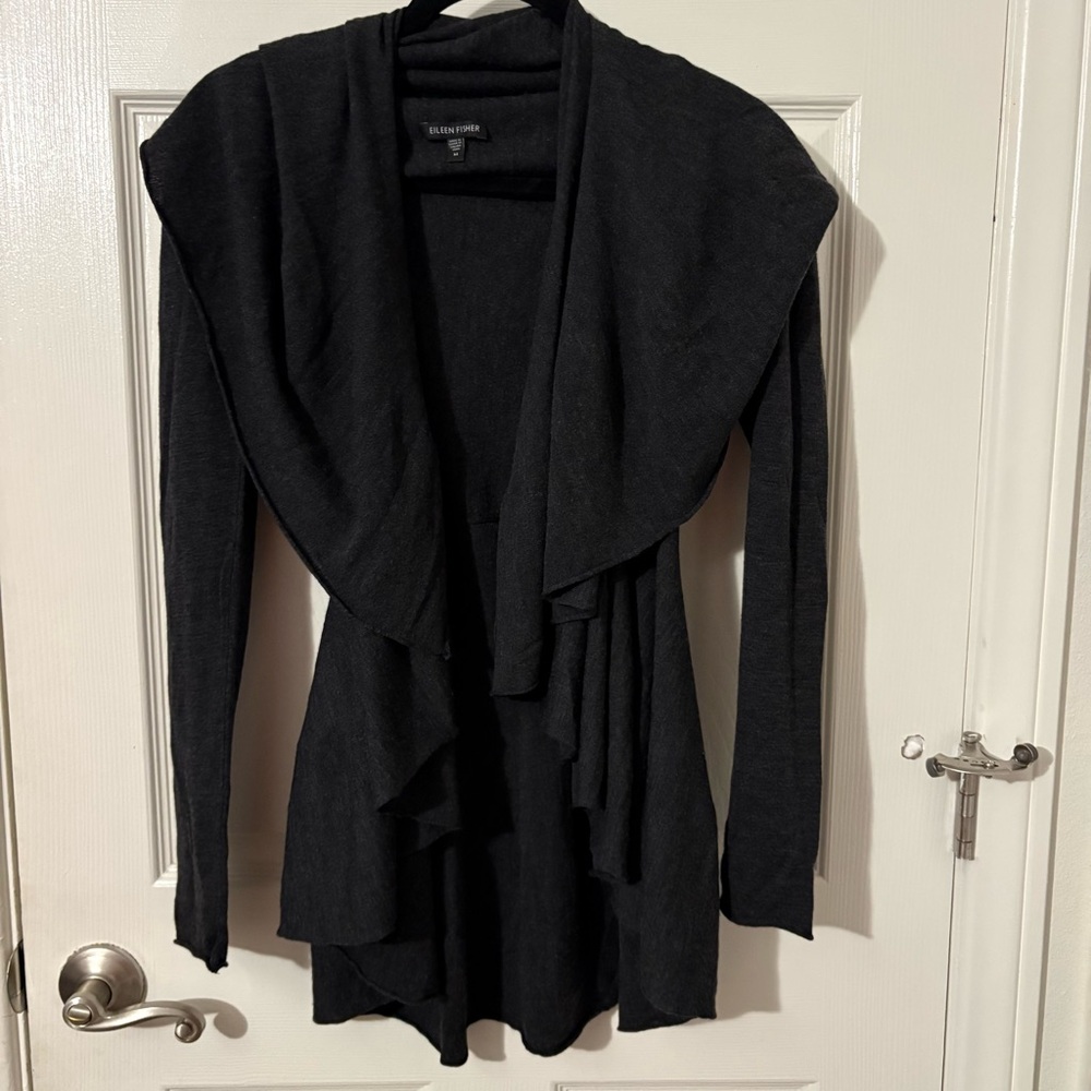 Eileen Fisher M Womens Black 100% Merino Wool Cardigan Sweater Open Medium EXC